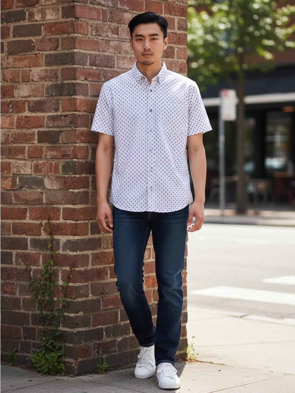 Marc Anthony White Short-Sleeve Geo Print Button-Down Shirt